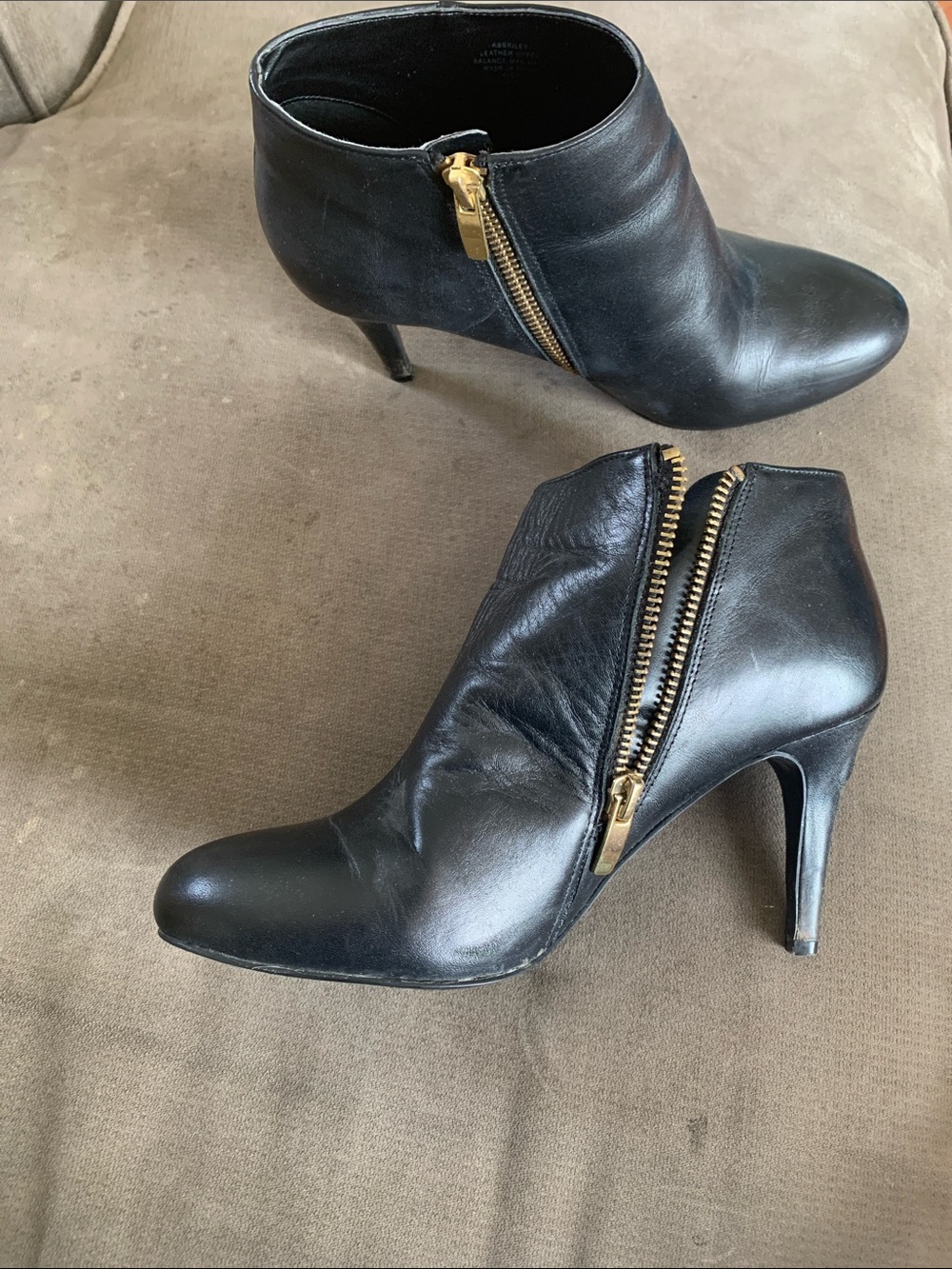 Audrey Brooke Black Leather Ankle Booties with Gold Zipper
